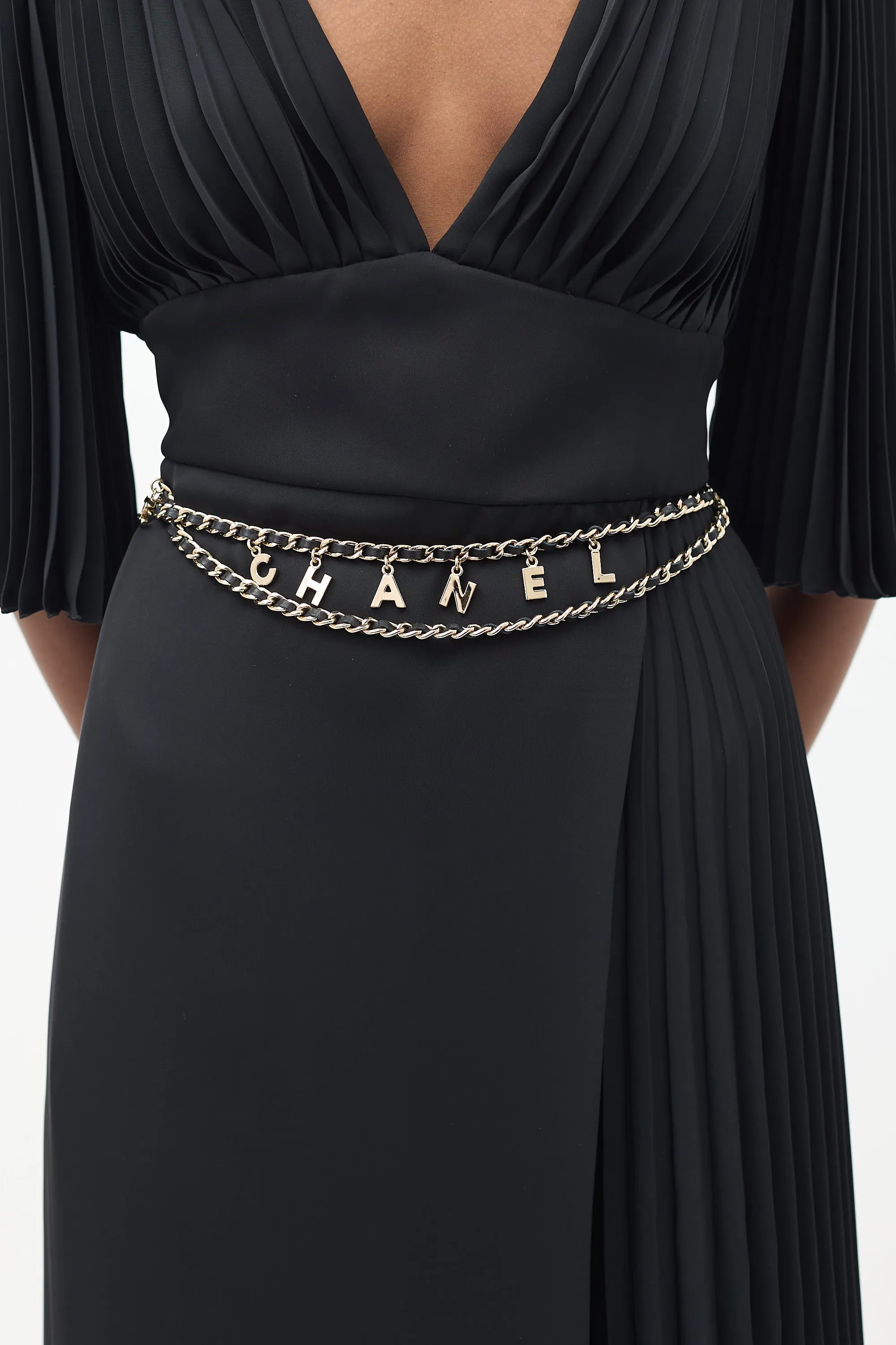 2005 Gold & Black Leather Letter Logo Chain Belt