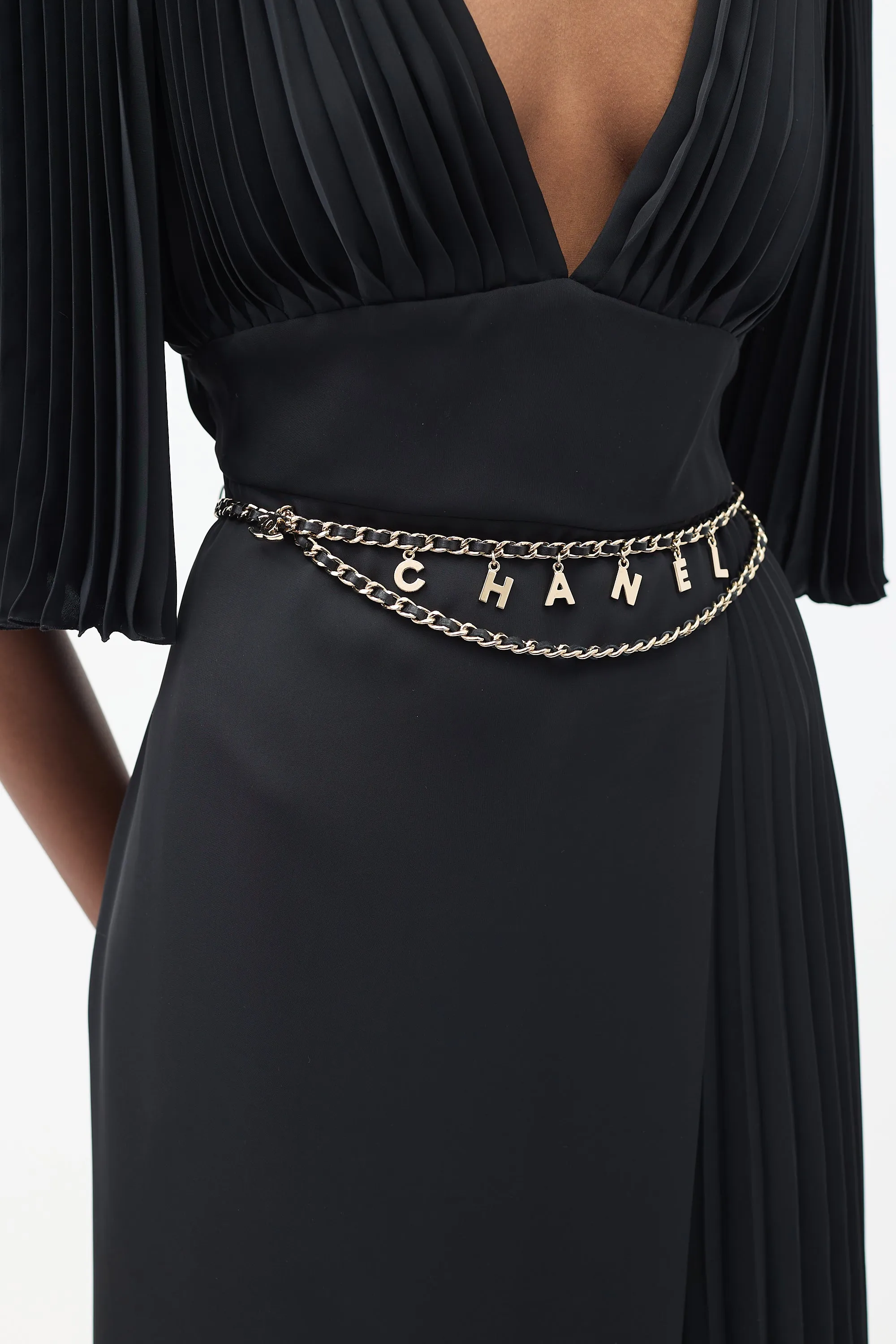 2005 Gold & Black Leather Letter Logo Chain Belt