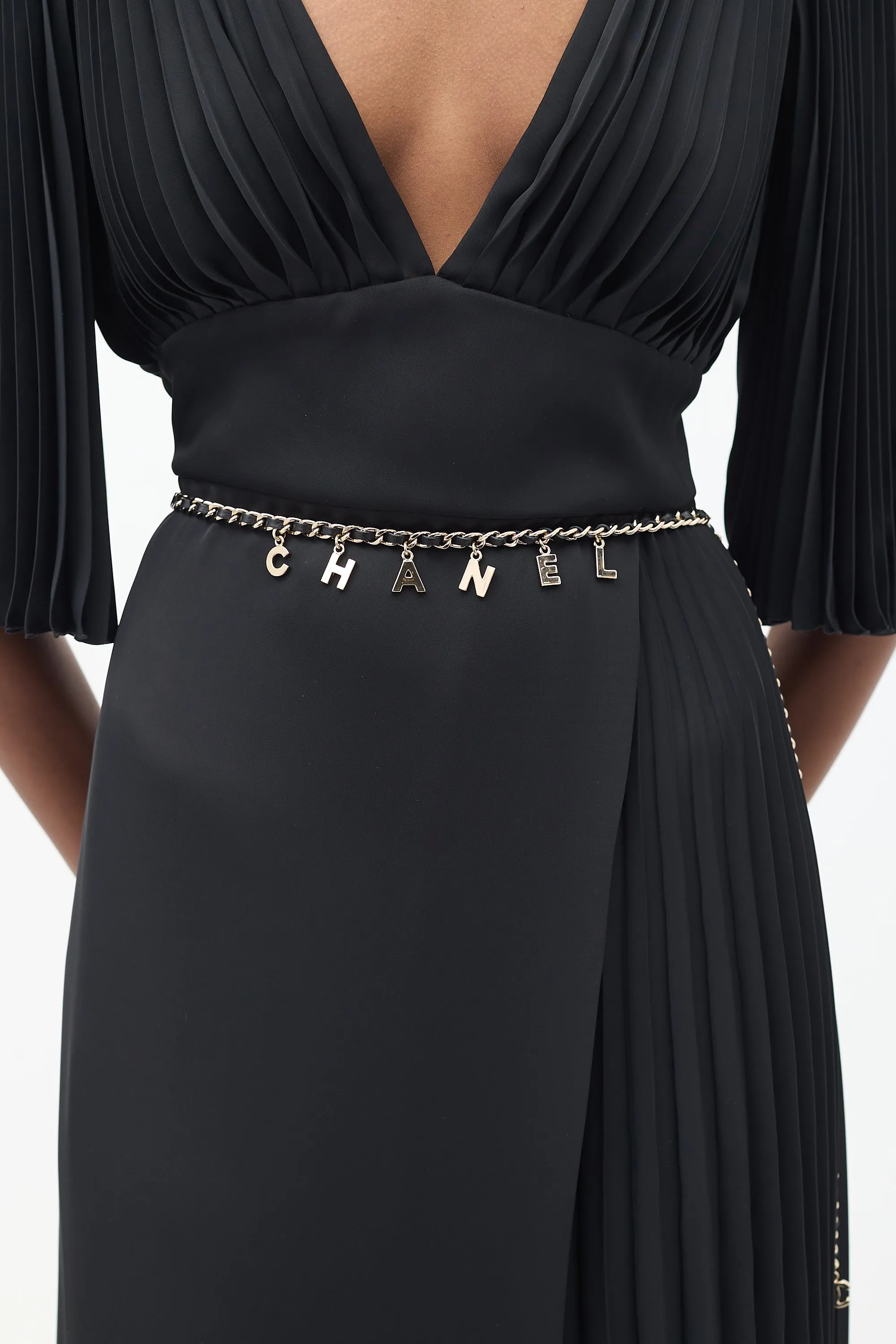 2005 Gold & Black Leather Letter Logo Chain Belt