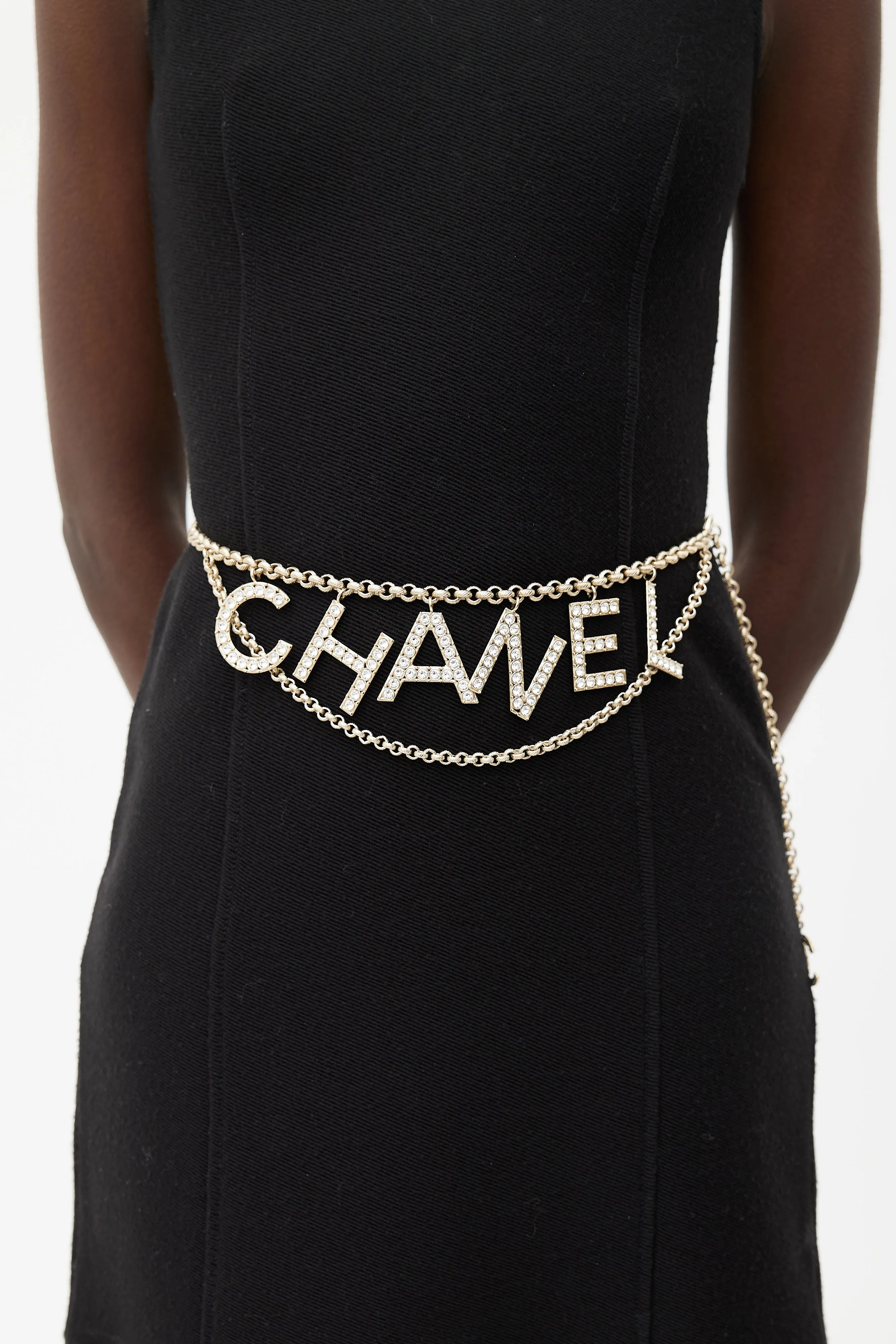 2019 Gold Tone & Crystal CC Logo Chain Belt