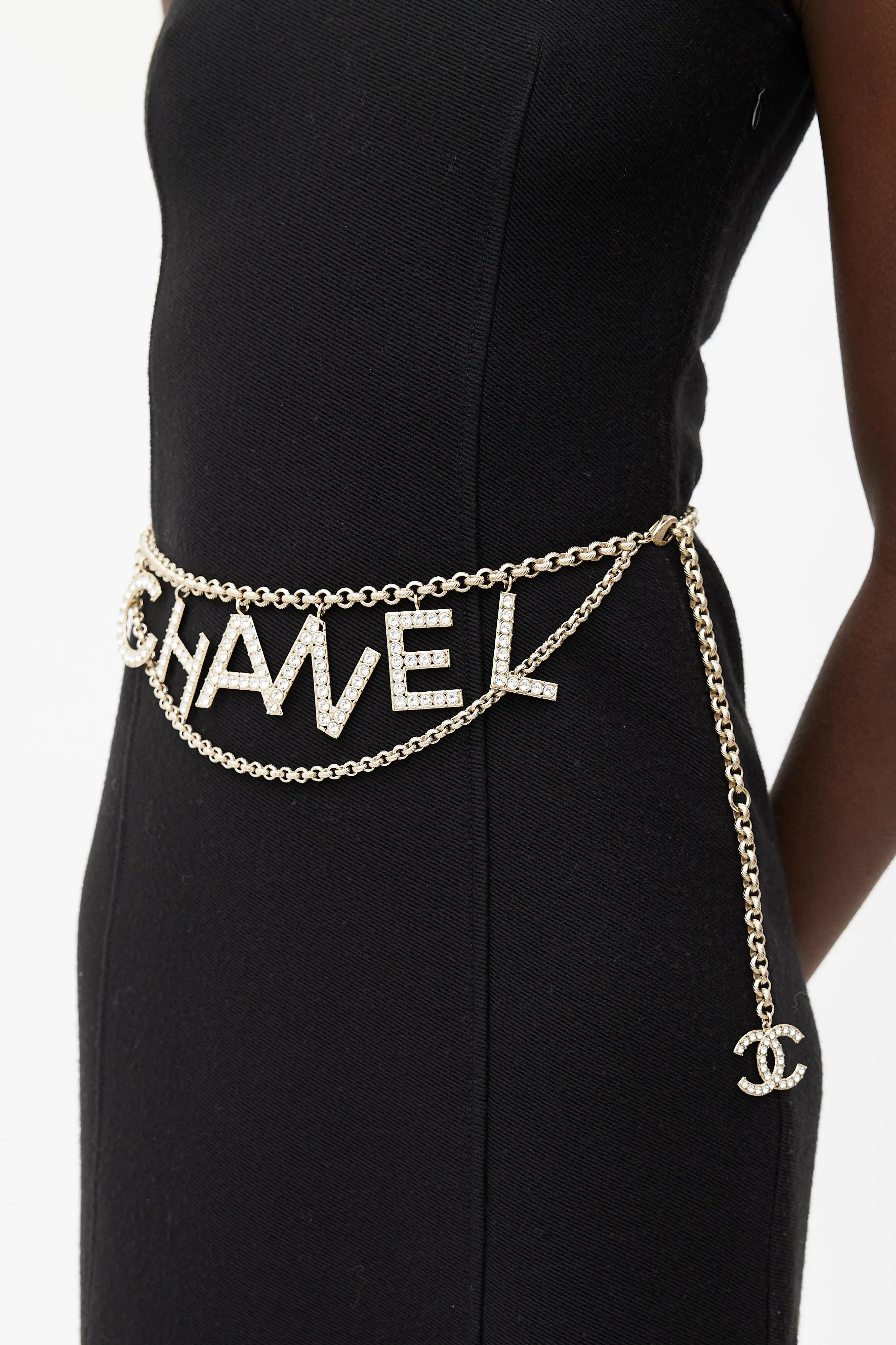 2019 Gold Tone & Crystal CC Logo Chain Belt