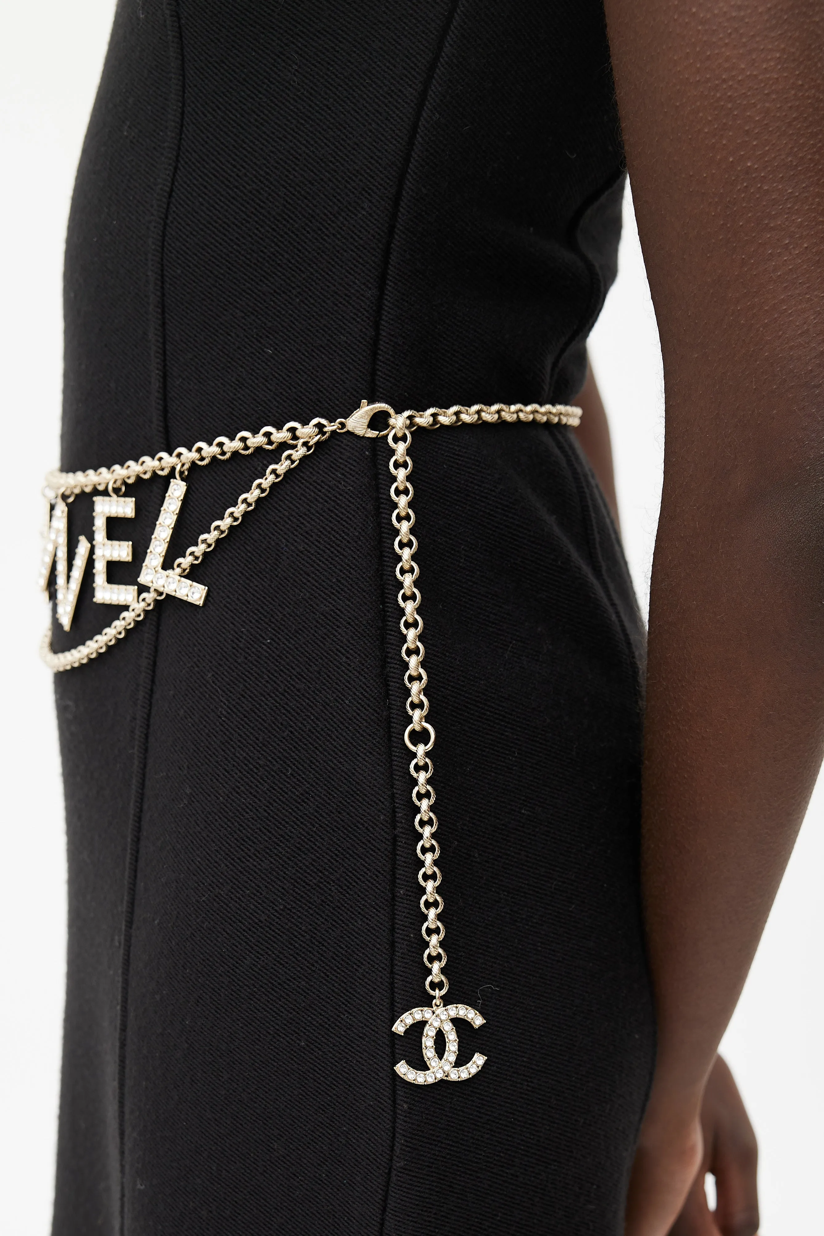 2019 Gold Tone & Crystal CC Logo Chain Belt