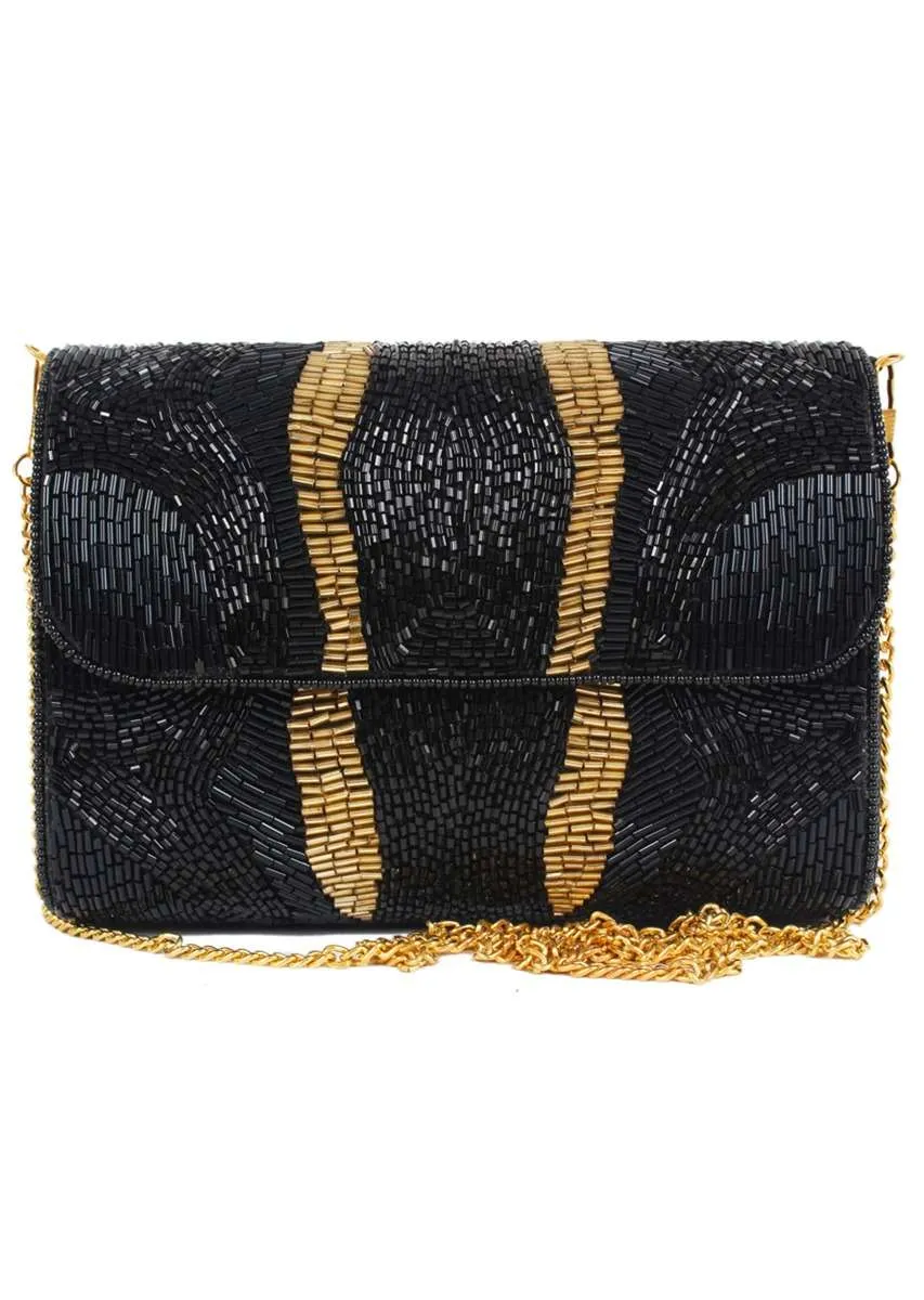 Black Clutch With Hand Embellished Cut Dana Work And Golden Accent Online - Kalki Fashion