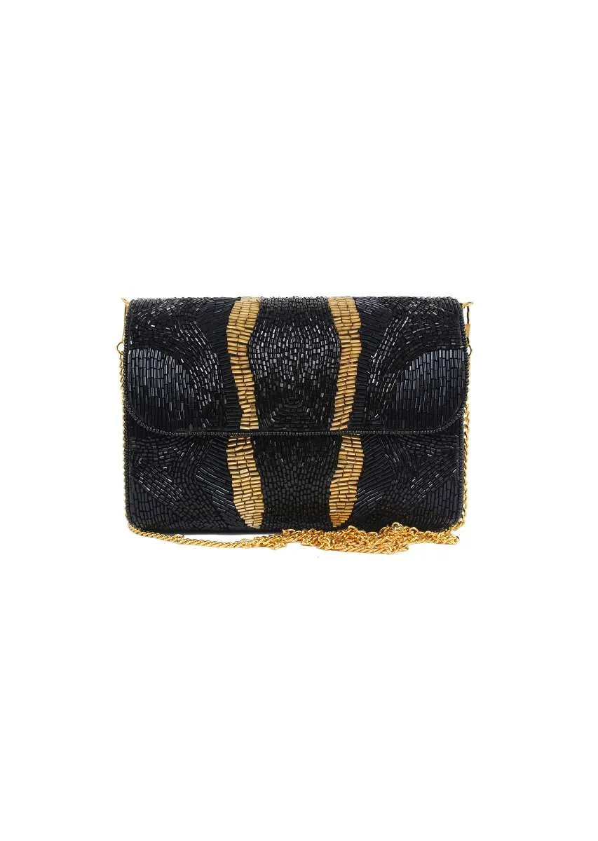 Black Clutch With Hand Embellished Cut Dana Work And Golden Accent Online - Kalki Fashion