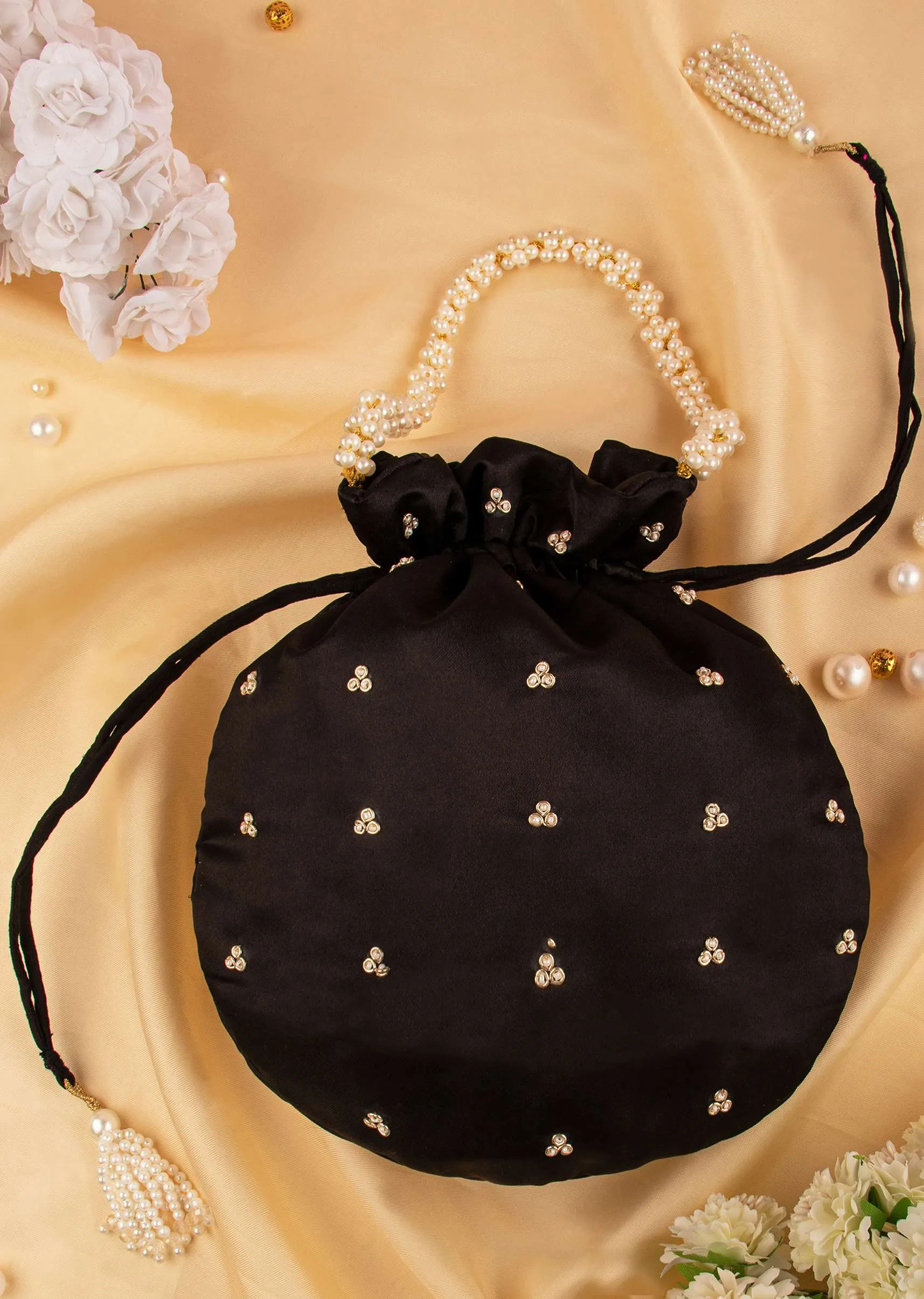 Black Hand Embroidered Potli In Raw Silk