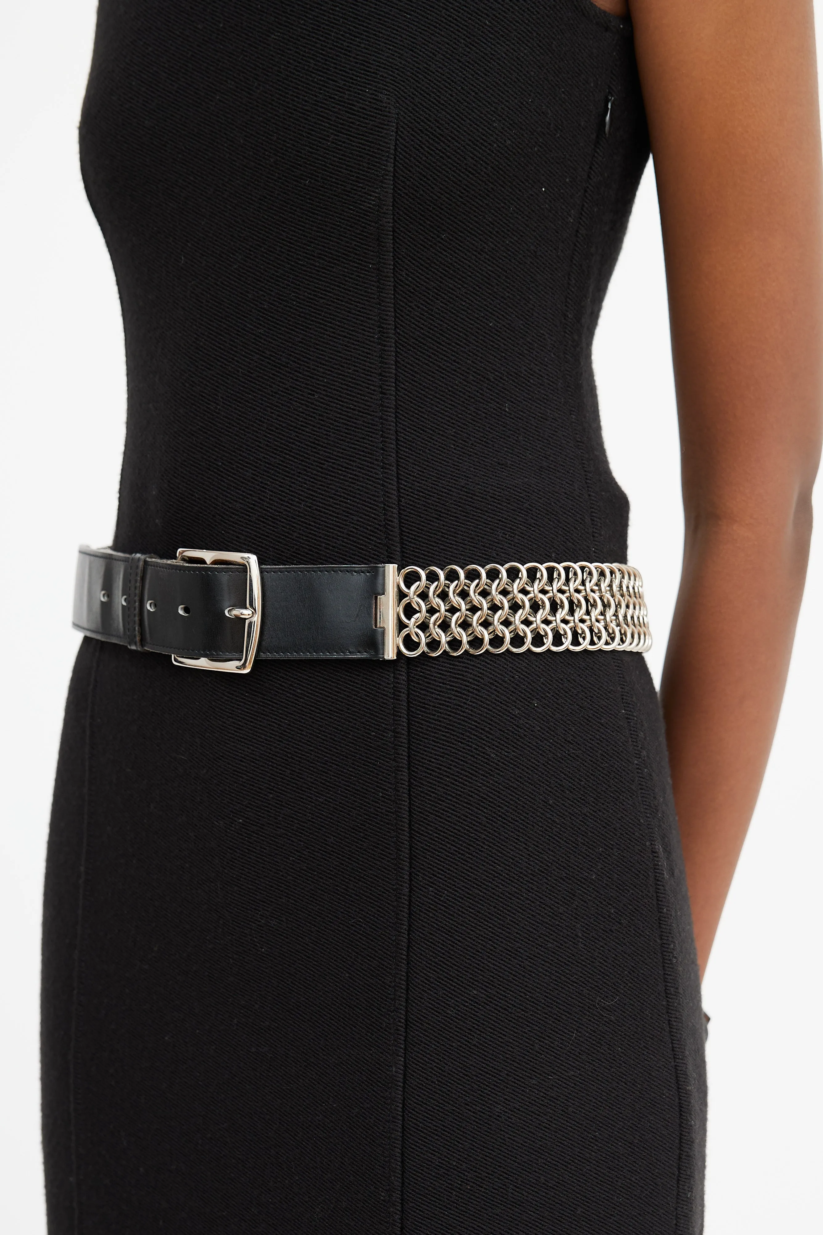 Black Leather & Silver Box Etriviere Chain Belt