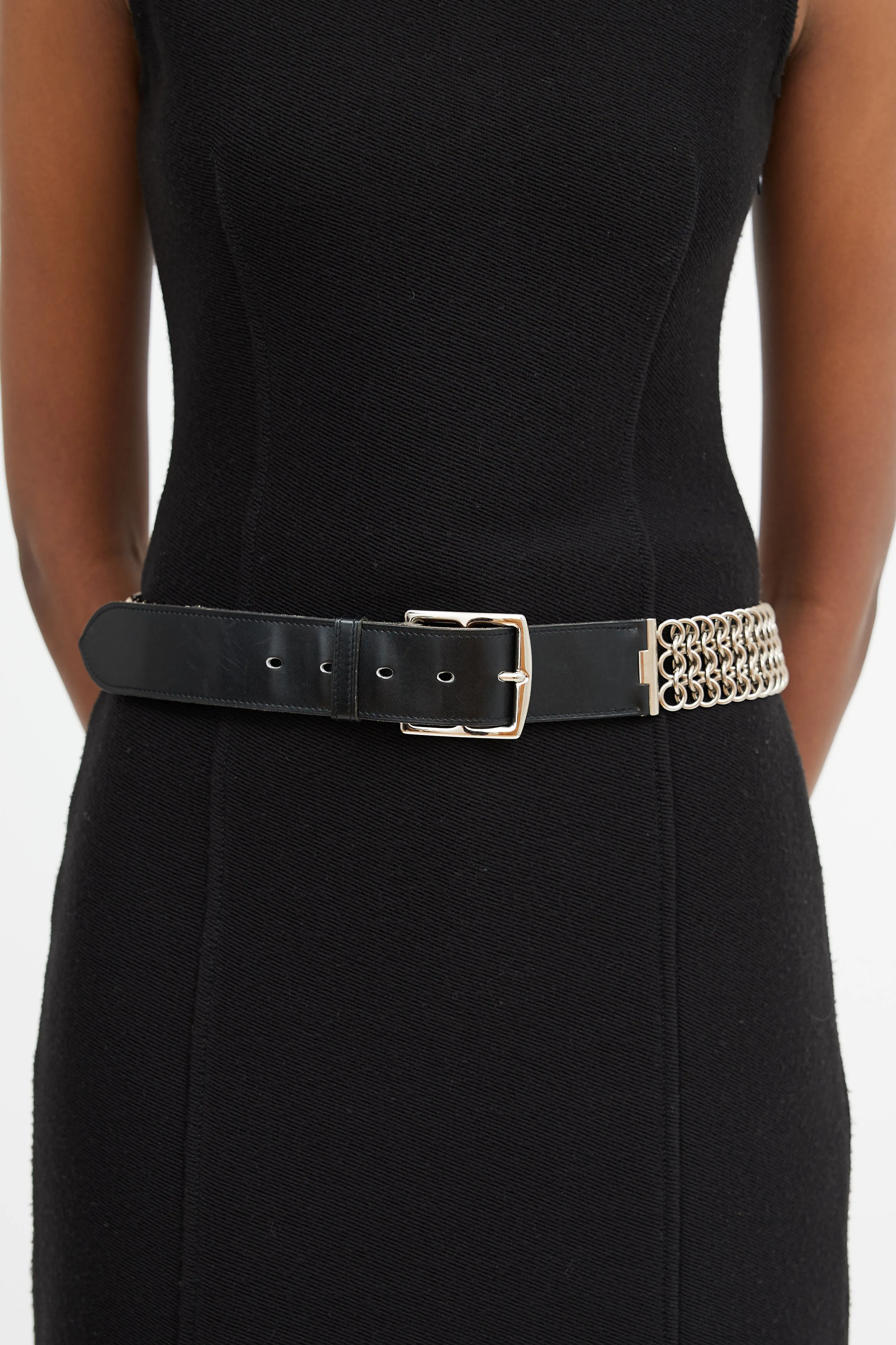 Black Leather & Silver Box Etriviere Chain Belt