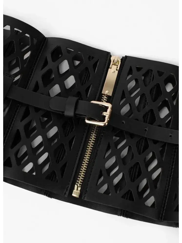 Black Leather Laser Cut-Out Corset Belt