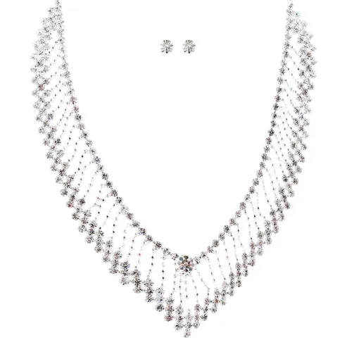 Bridal Wedding Jewelry Crystal Rhinestone Modern V Drop Necklace Set J682 SV