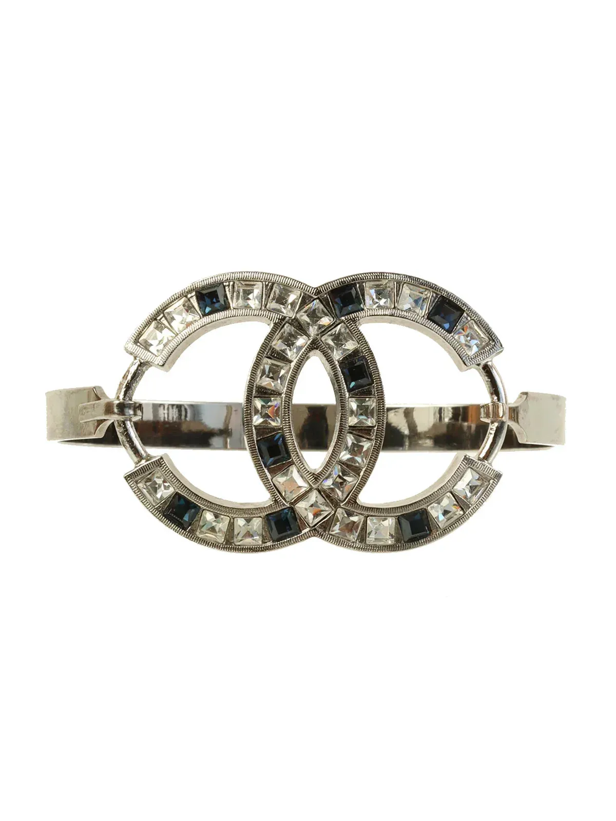 CHANEL 2005 Made Rhinestone Cc Mark Bangle Black/Silver