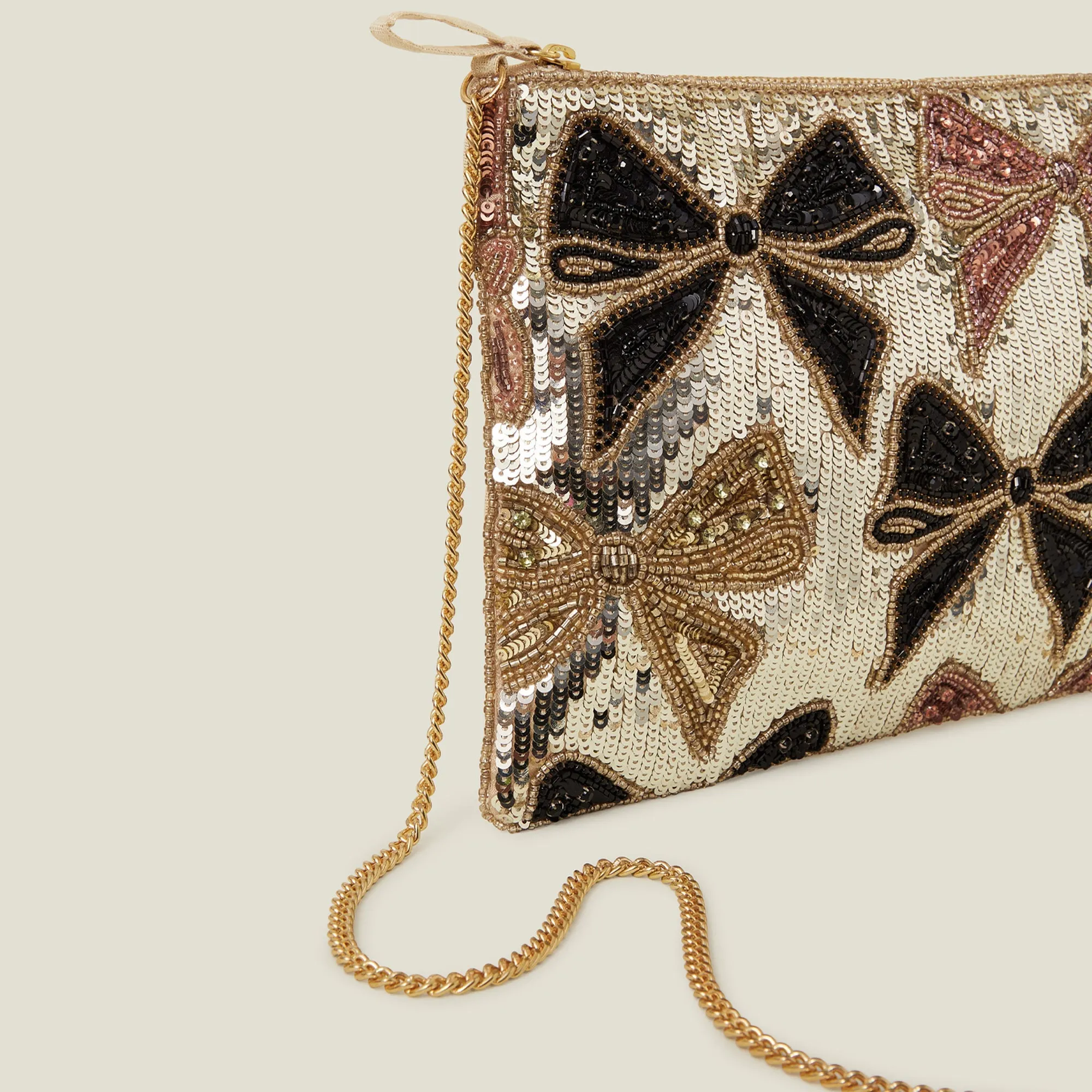 Gold Sequin Bow Zip Top Clutch Bag