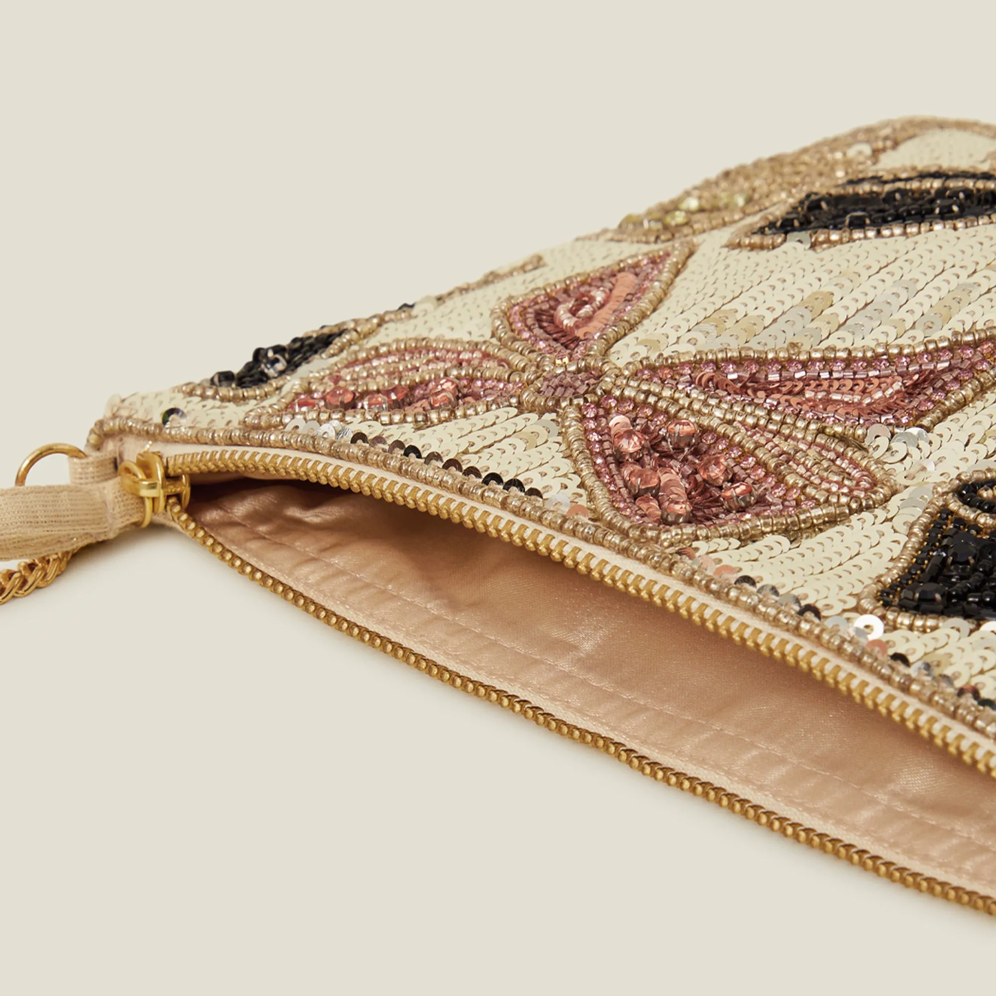 Gold Sequin Bow Zip Top Clutch Bag