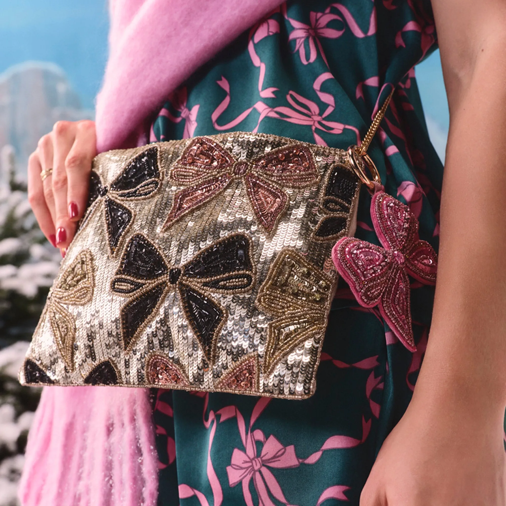 Gold Sequin Bow Zip Top Clutch Bag
