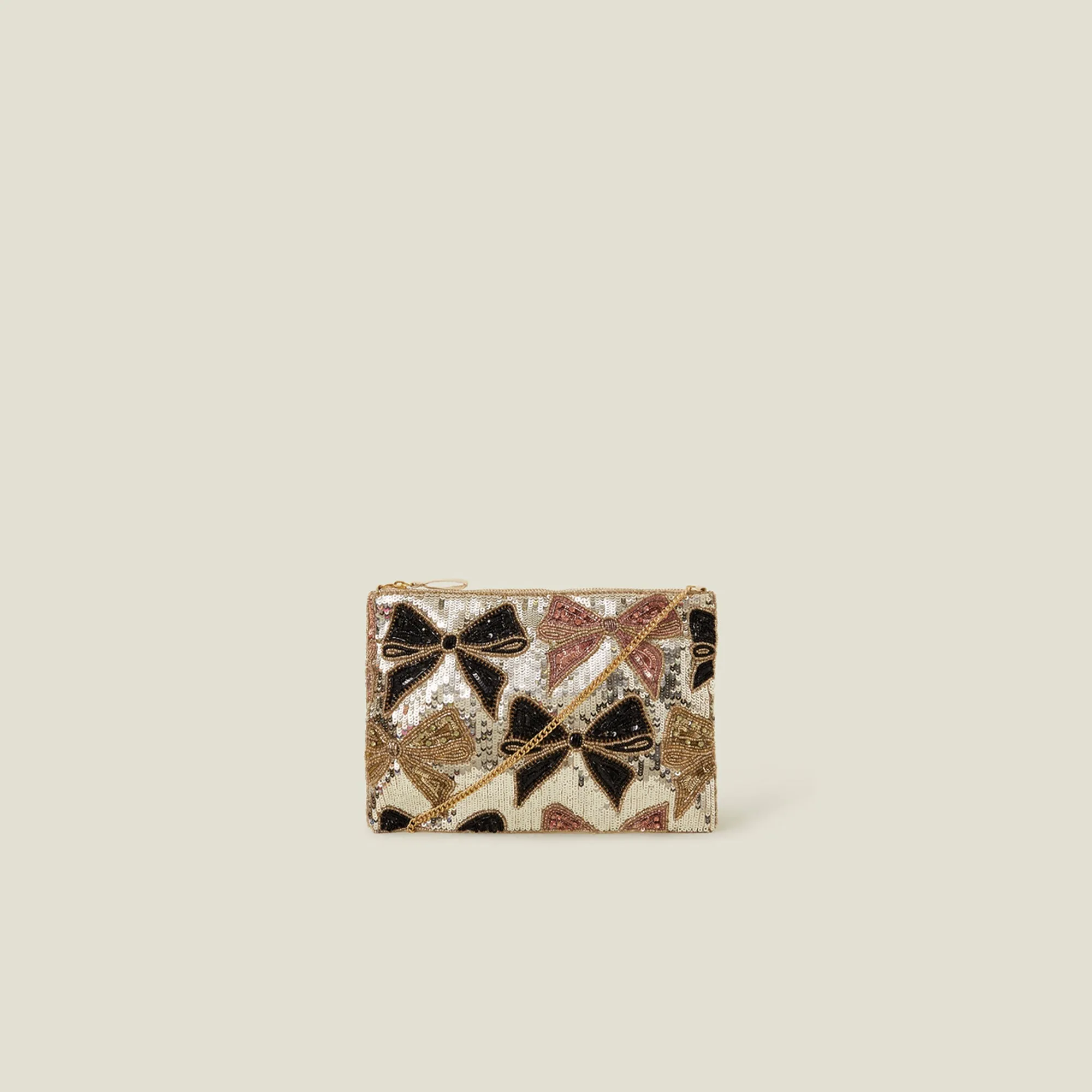Gold Sequin Bow Zip Top Clutch Bag