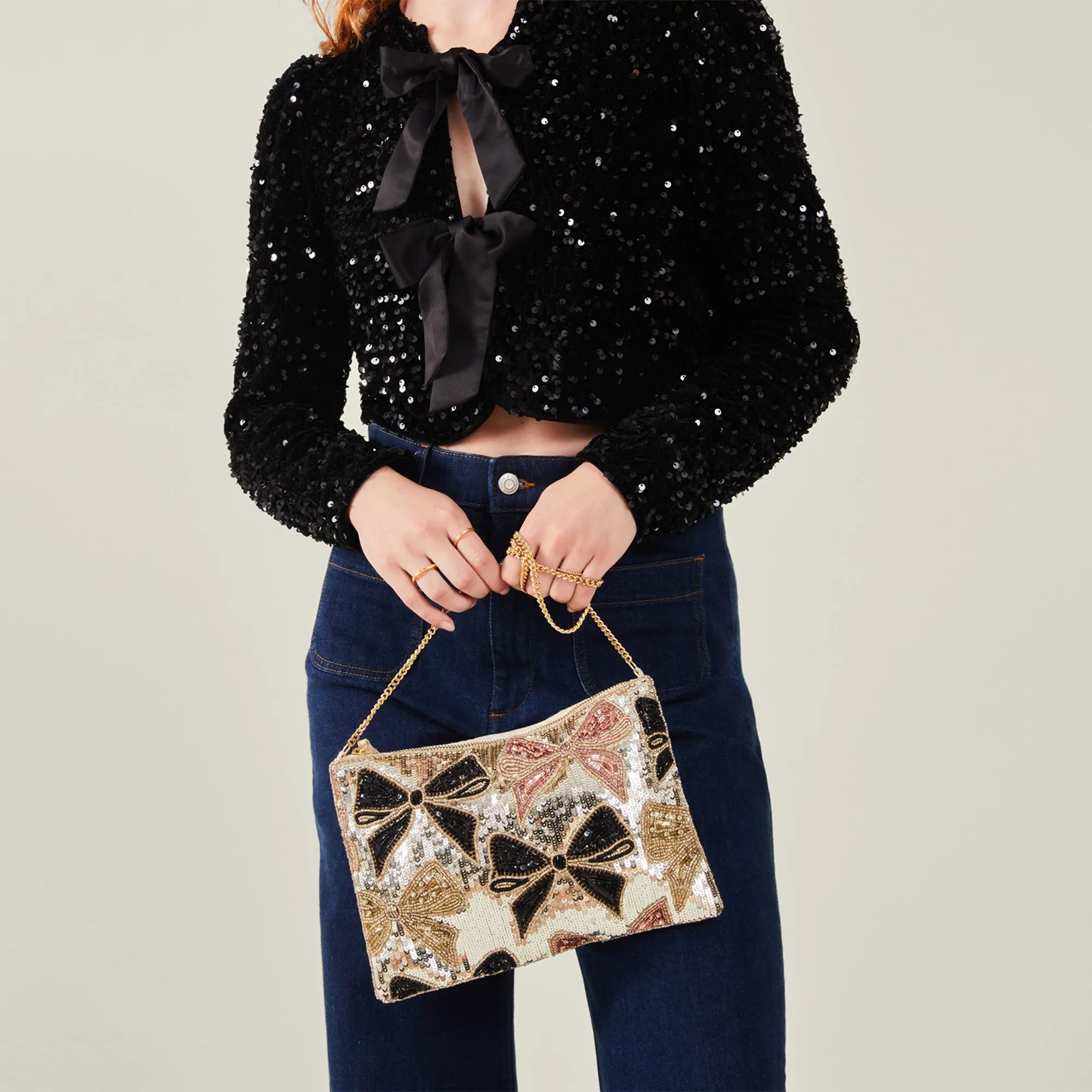 Gold Sequin Bow Zip Top Clutch Bag
