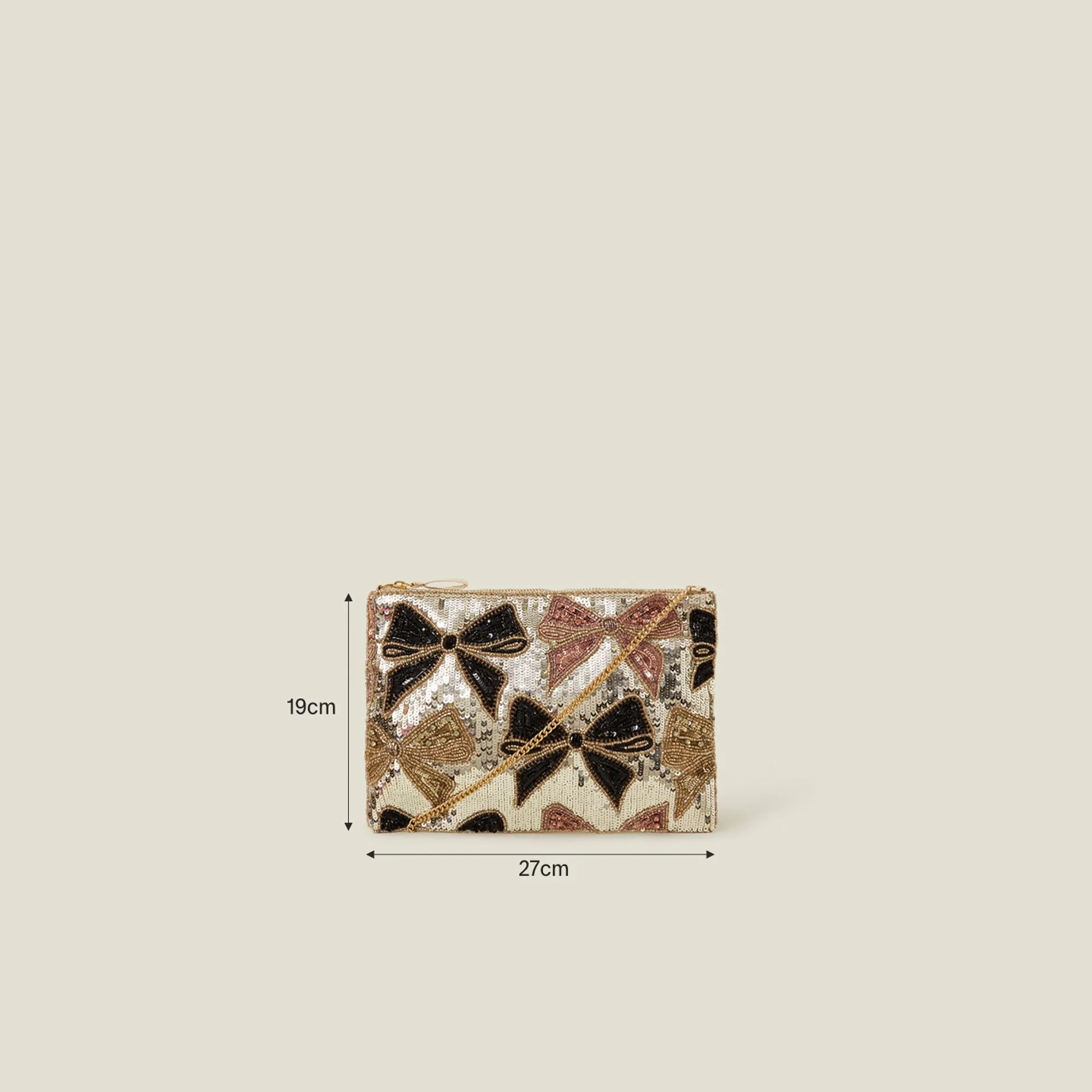 Gold Sequin Bow Zip Top Clutch Bag