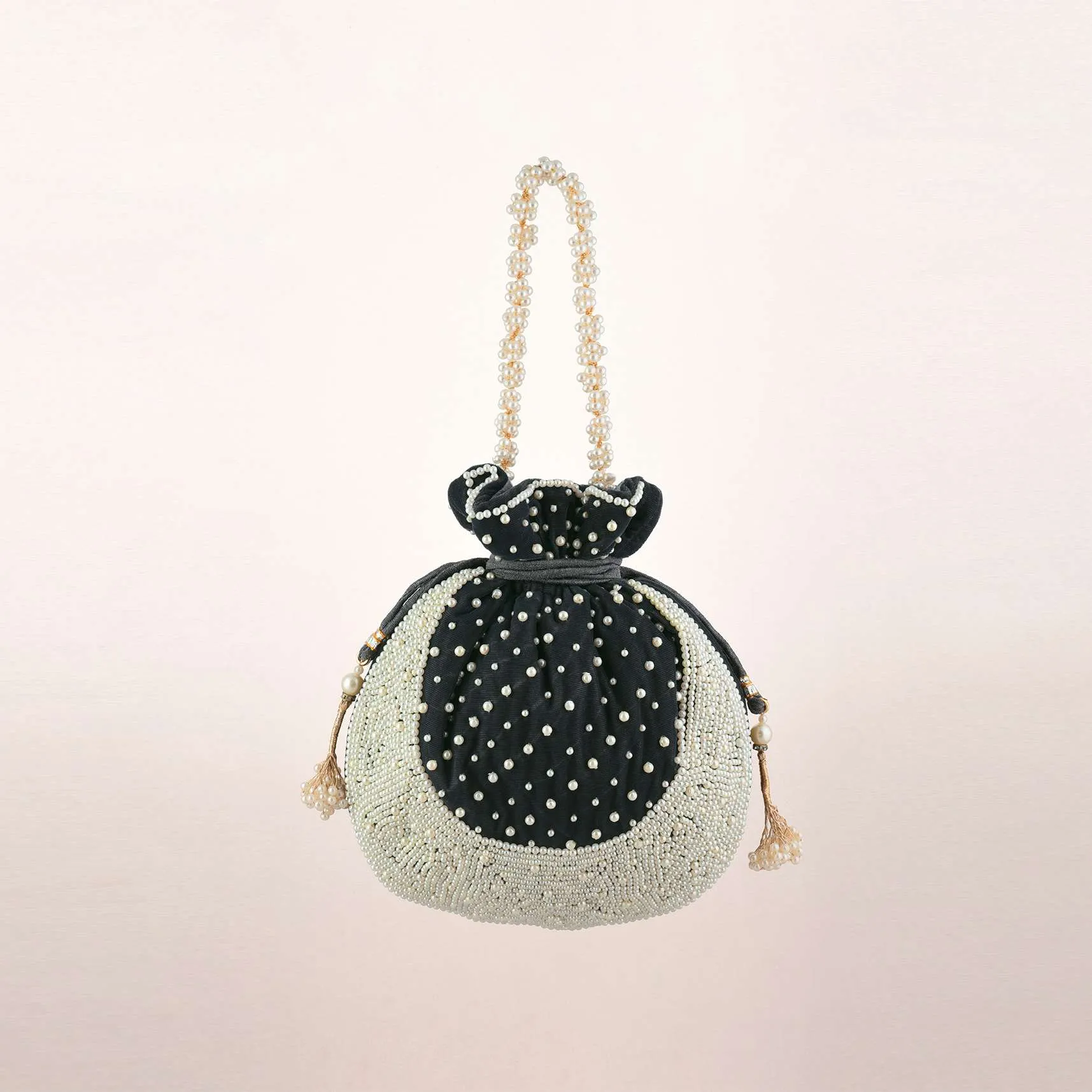 Grey Potli Bag In Velvet With Moti Work In Crescent Design Along The Edge And Scattered In The Centre By Shubham