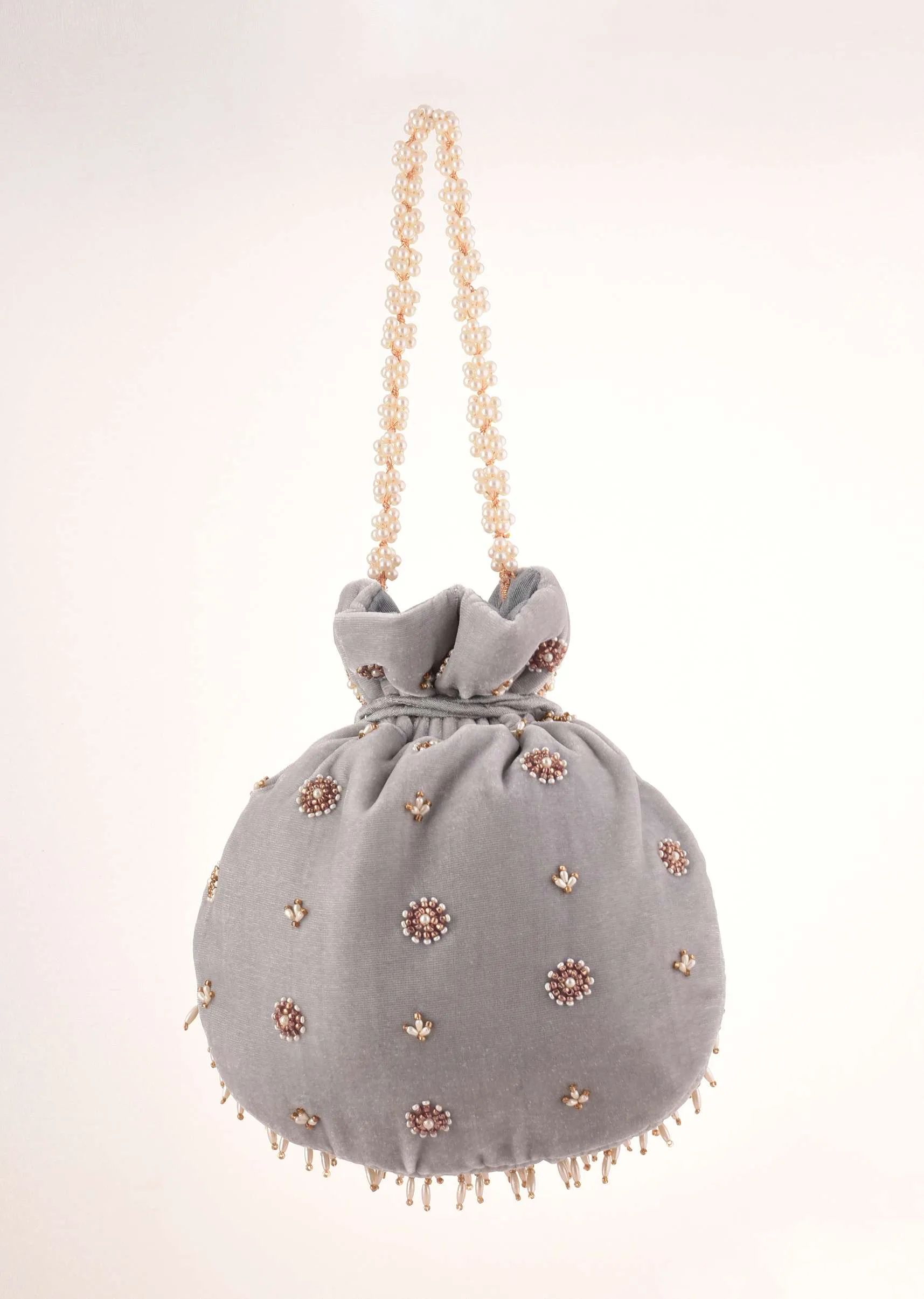 Grey Potli In Velvet Heavily Embroidered With Beads And Moti Work In Scalloped And Tassel