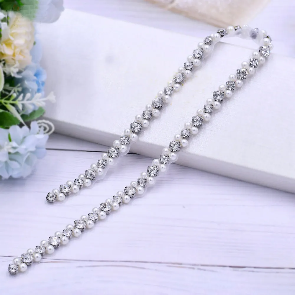 Linear pearls crystals bridal sash