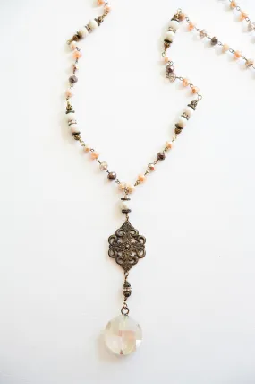 Marie Antique Chandelier Pendant Necklace | Vintage Burnished Bronze Filigree and Crystal Drop Pendant | Burnished Bronze Chain with Warm Blush Beads | Long Antique Royal Necklace