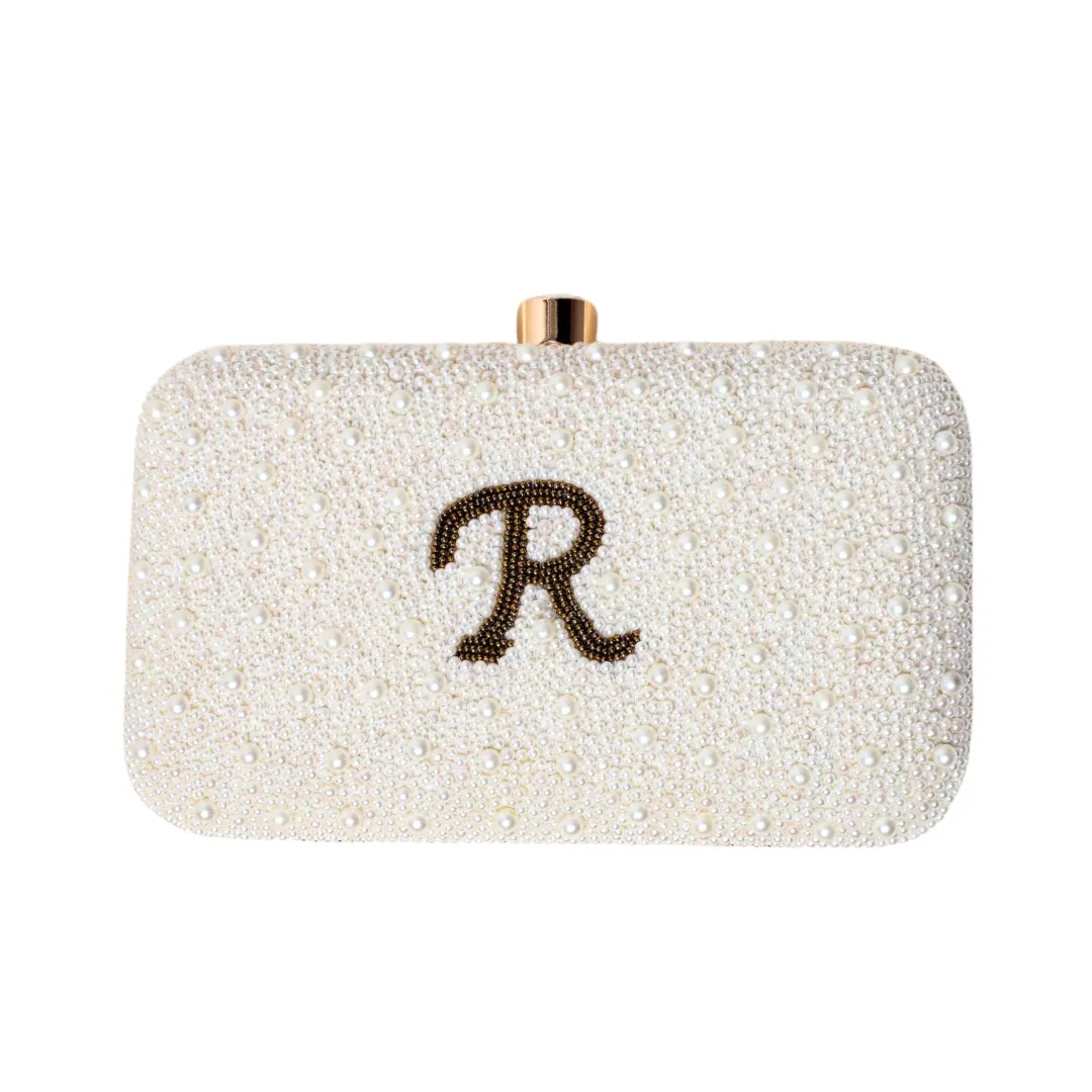 Pearl Bead Embroidery Customised Initial Name Clutch Bag