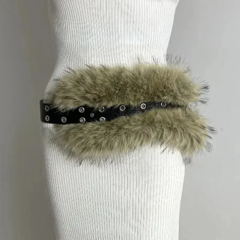 Riri Retro Rabbit Fur Belt Y2K Metal Bead Chain Plush Waist Faux Fur Vintage Waistband Punk Belt