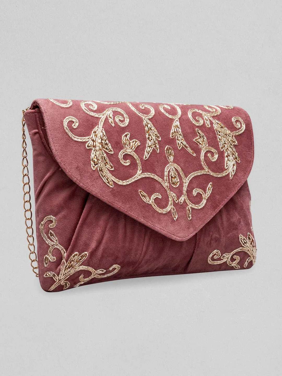Rubans Dusky Pink Colour Handbag With Embroided Gold And Brown Design.