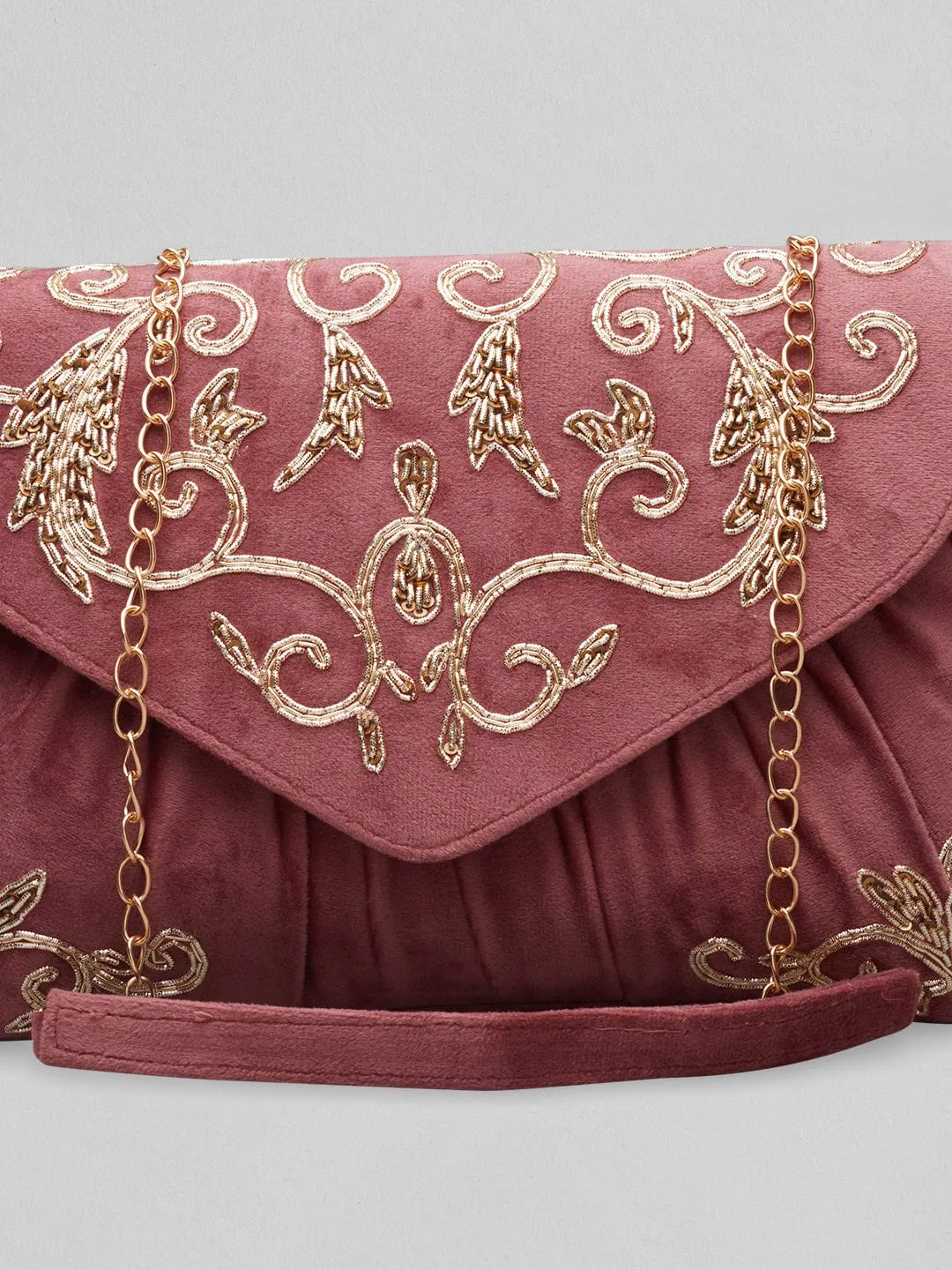 Rubans Dusky Pink Colour Handbag With Embroided Gold And Brown Design.