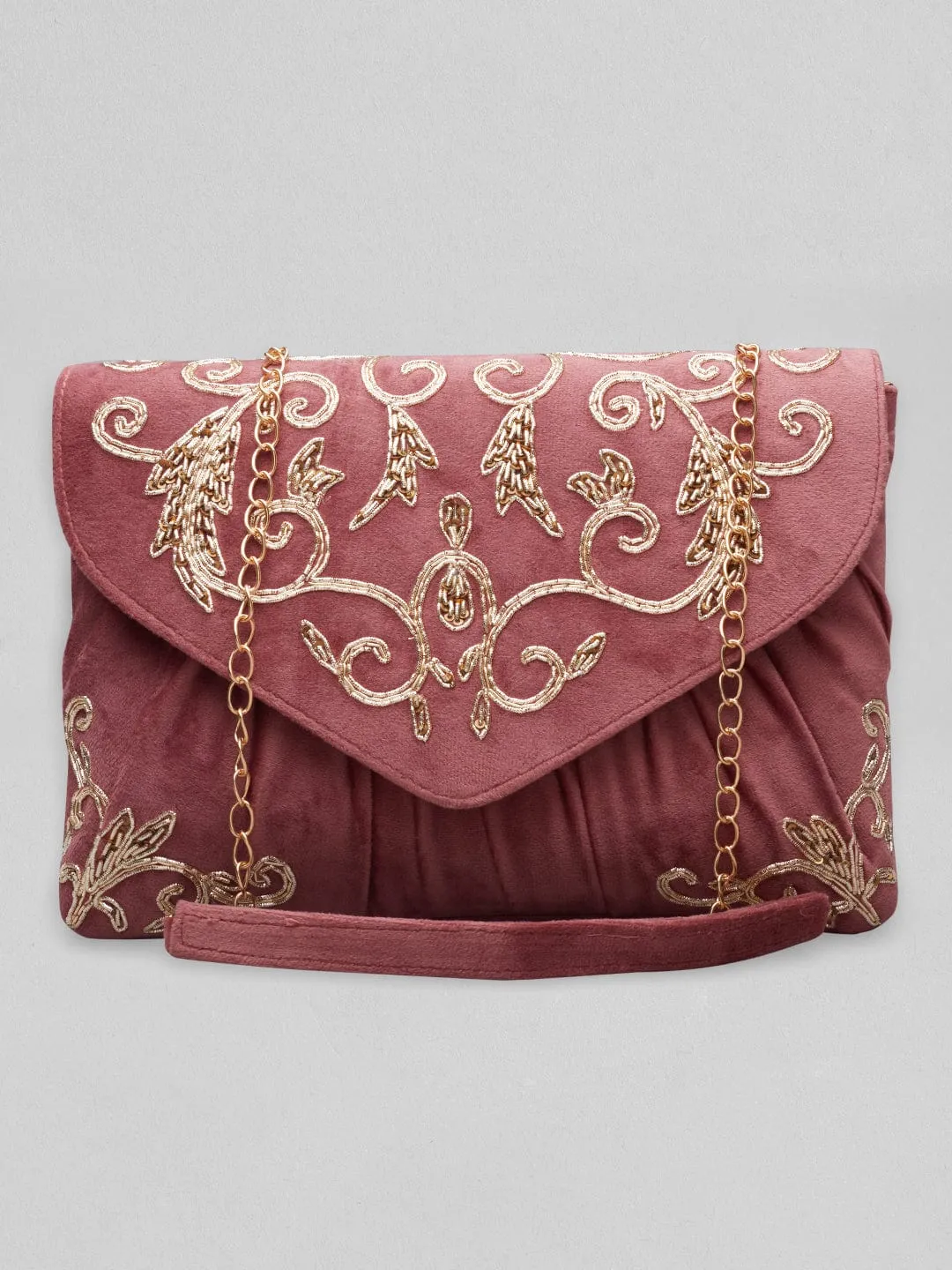 Rubans Dusky Pink Colour Handbag With Embroided Gold And Brown Design.