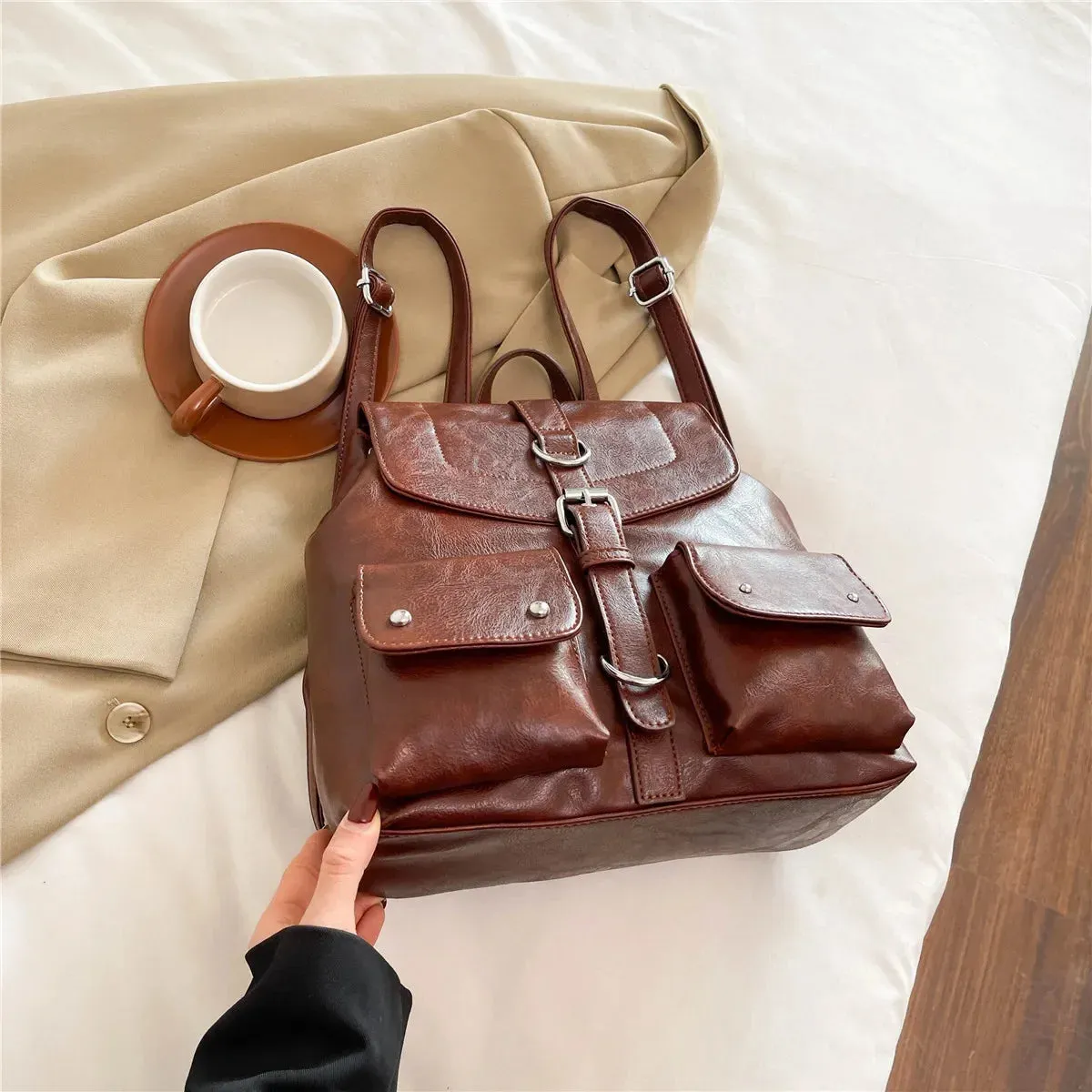 UAKISS  -  Women Retro Small PU Leather Backpacks 2024 Winter Designer Y2K Designer Females Backpack School Student Back Packs
