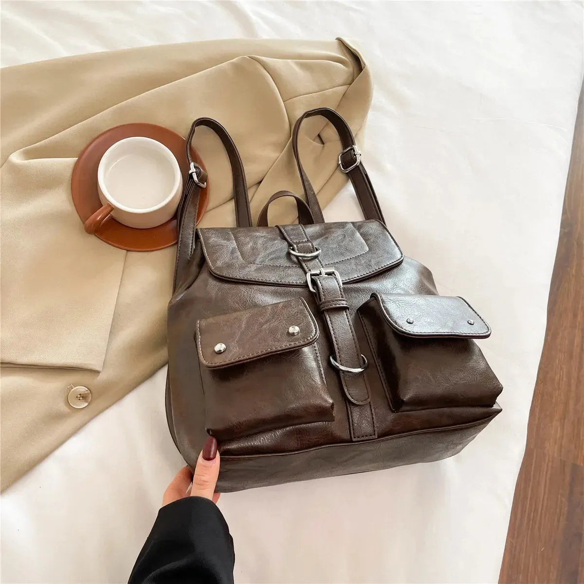UAKISS  -  Women Retro Small PU Leather Backpacks 2024 Winter Designer Y2K Designer Females Backpack School Student Back Packs