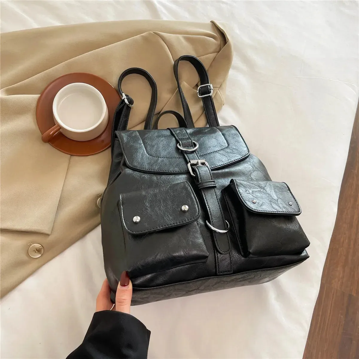 UAKISS  -  Women Retro Small PU Leather Backpacks 2024 Winter Designer Y2K Designer Females Backpack School Student Back Packs
