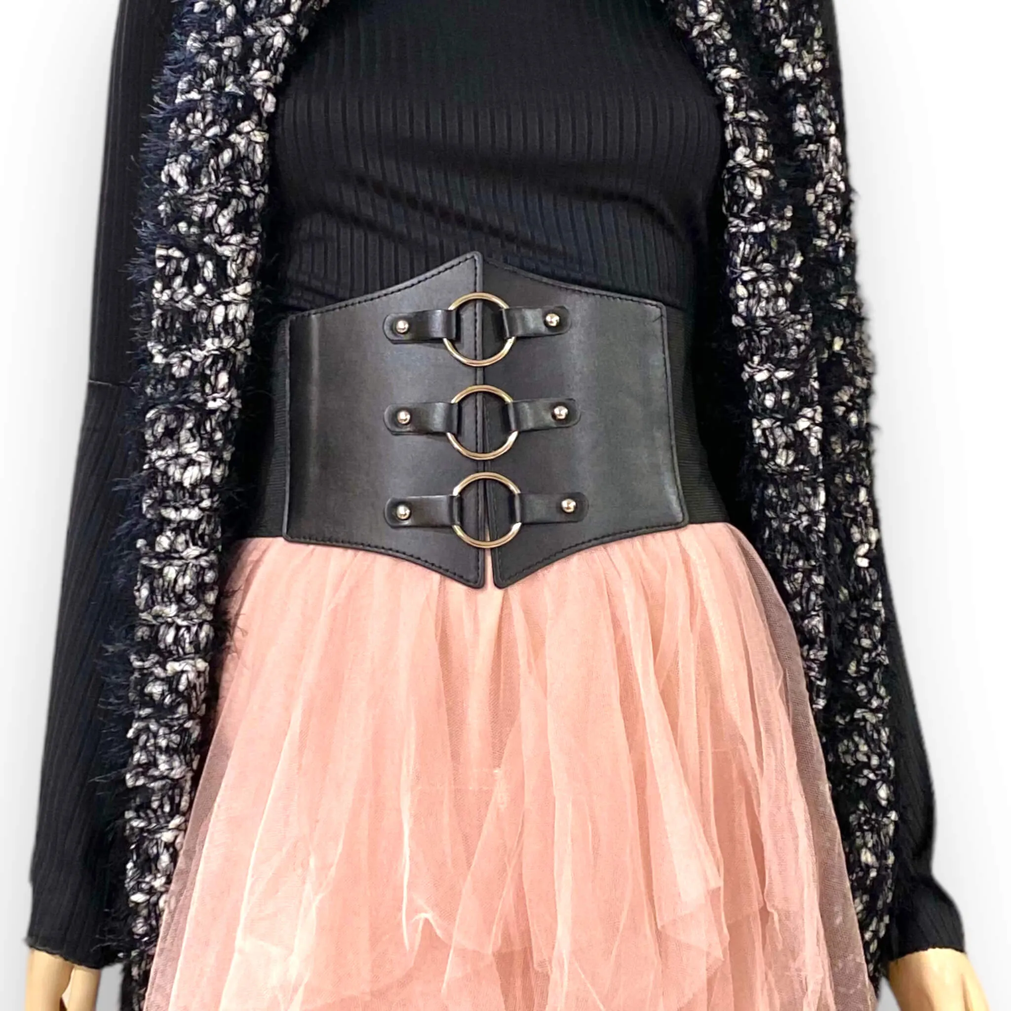 Women's Black Silver O-Rings Corset Belt